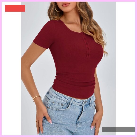 Ribbed Henley Button Short Sleeve Slim Fit Casual Tee Blouse - Picture 4 of 4